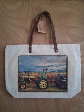 Tote BagCanvas Tote with Tractor Print and Brown Faux-Leather Straps
